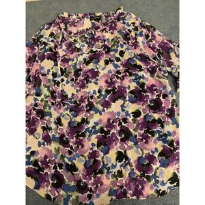 I.N. Studio Woman Purple Floral Tie Neck Ruffle Blouse 1X Tiered Bell Sleeve